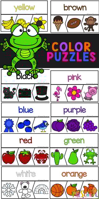 Young children will have fun learning eleven different colors with these fun and free Color Puzzles.This colors printables is a fun way for toddlers, preschoolers, and kindergartners to learn color names and work on color discrimination. This color matching game is perfect for early learners. SImply download pdf file with color activity for toddlers and you are ready to play and learn.