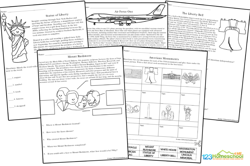 Included with these united states symbols worksheets are a variety of pages to learn about: Explore some famous National Parks - Yellowstone, Smokey Mountains, Grand Canyon, and more. Cut and paste famous landmarks - Mount Rushmore, White House, Liberty Bell, declaration of independence, George Washing, Washington Monument, Lincoln Memorial, Empire State Building, Martin Luther King Jr., Hoover Dam, Great Seal Famous bridges - Golden Gate Bridge, Brooklyn Bridge, and more. Learning about the bald eagle Get to know Thomas Jefferson Who really is Uncle Sam All about the American flag American Presidents Learn about the Statue of Liberty Discover Mount Rushmore What is Air Force One? Read about American Monuments American Monuments cut and paste review The infamous Liberty Bell
