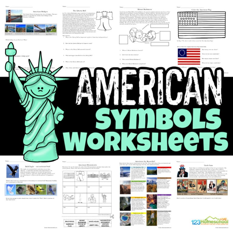 Explore American symbols for kids with our free printable US symbols worksheet pack! Engaging pages with information text, pictures, and fun activities to learn about the Liberty Bell, White House, national parks, and so much more!