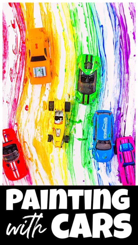 You will love this outrageously fun painting with cars activity where kids will make a cheery rainbow painting using hotwheel vehicles. This rainbow painting for kids is a silly rainbow painting ideas that your kids will LOVE! Use this for a rainbow theme, car theme, spring theme, or just a fun play ativity with kids. Try this car activities for kids with toddler, preschool, pre-k, kindergarten, and first grade students. 