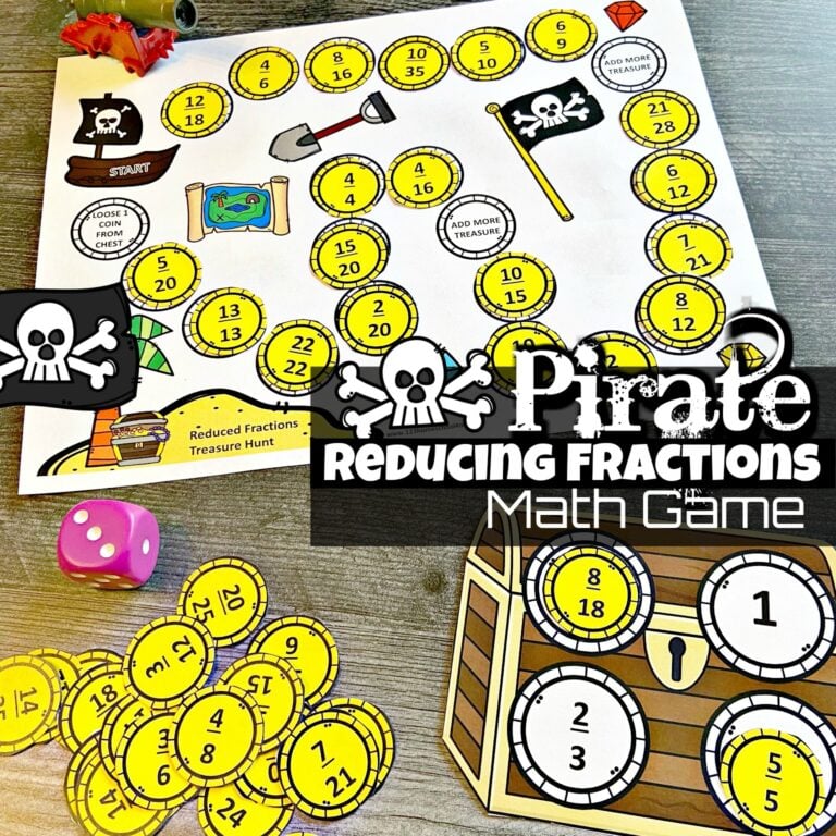 Ahoy there! This fun reducing fractions game has a fun pirate them to help kids get excited about practicing simplifying fractions. This printable math game is such a fun reducing fractions activity for third grade, 4th grade, 5th grade, and 6th grade students. Simply download pdf file with free math games for kids and you are ready to play and learn. This is such a fun way to teach fractions for kids.