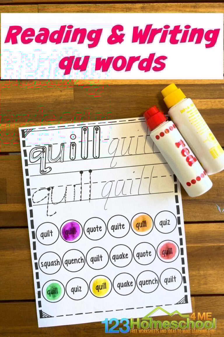 This fun phonics printable activity is great for helping kindergarten, first grade, and 2nd graders reading qu words. Simply download pdf file with qu words worksheets and you are ready to play and learn while having fun with dot markers! 