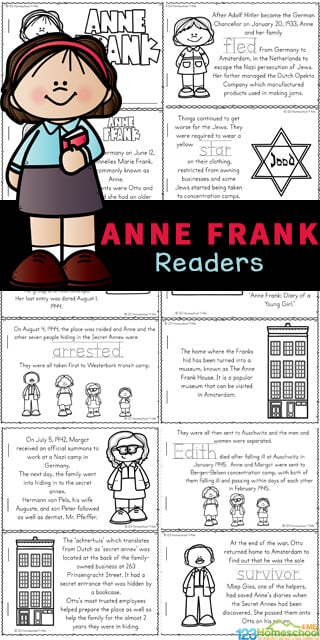 This Anne Frank for Kids Reader is a great way to work on reading skills while learning about a courageous young girl who lived during World War II. Children will color, read and learn with this free printable filled with anne frank facts for kids part of a history, or World War II study for kindergarten, first grade, 2nd grade, 3rd grade, 4th grade, and 5th grade students. Simply download pdf file with anne frank worksheets to learn abou this brave Jewish girl who hid with her family behind the wall in The Netherlands, Europe.