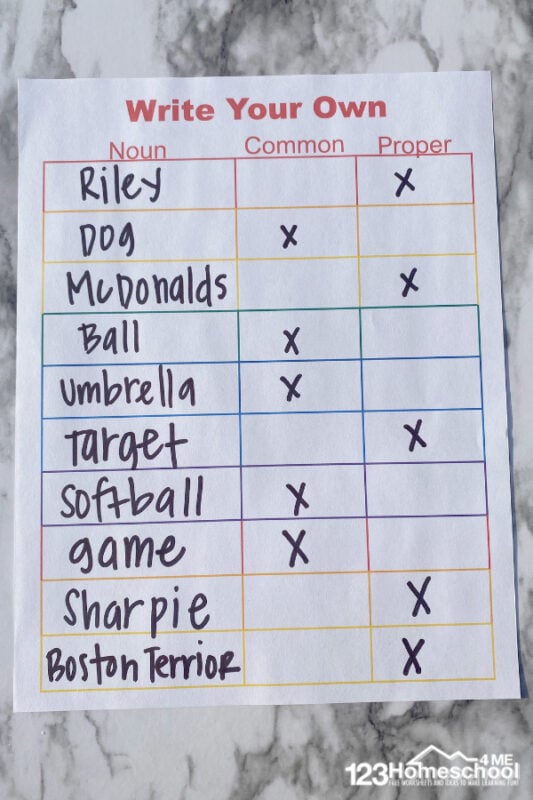 common and proper noun sort activity and free worksheet