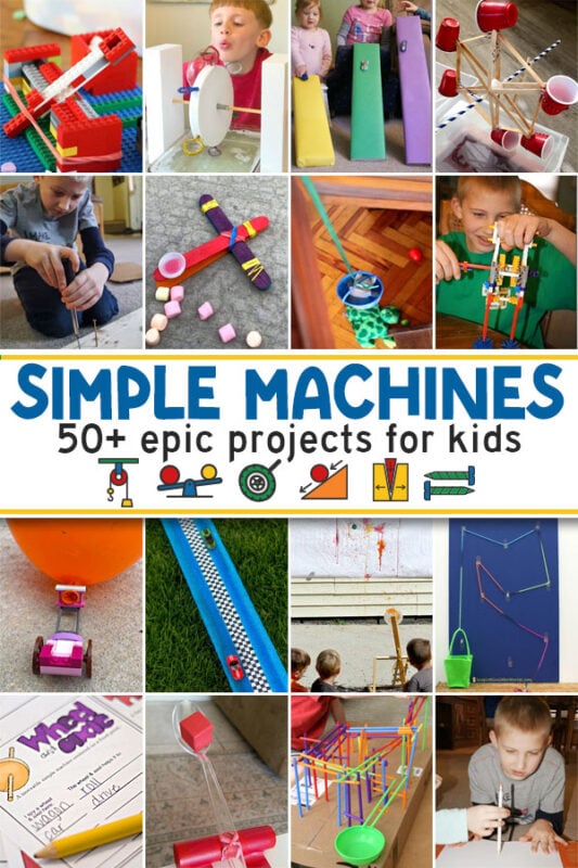If you are learning about simple machines for kids and looking for some fun,hands-on  STEM activities for kids, you are going to love these simple machine projects. With over 50 creative simple machine activities, we will show you how to make a simple machine as you learn about the 6 simple machines: inclined planes, wheel & axle, wedges, levers, pulley, and screws. We have simple machines project ideas for kindergarten, first grade, 2nd grade, 3rd grade, 4th grade, 5th grade, and 6th grade students.