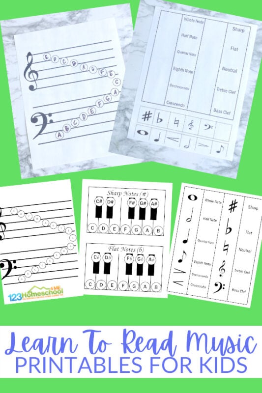 If you are looking for some handy, free music printables for teaching children how to read music, you will love these music worksheets and music activities for kids. These pages will help kindergarten, first grade, 2nd grade, 3rd grade, and 4th graders learn to read music.  Simply print pdf file with reading music notes projects and you are ready to play and learn!