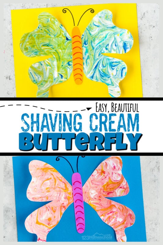 This pretty butterfly craft is as fun to make as it is beautiful! This shaving cream craft is surprisingly SIMPLE to make, but with incredibly complex colors in the marbling of painting with shaving cream. Toddler, preschool, pre-k, kindergarten, first grade, 2nd grade, and up will want to make this butterfly craft for kids! So add this shaving cream art project to your bucket list of summer crafts for kids!