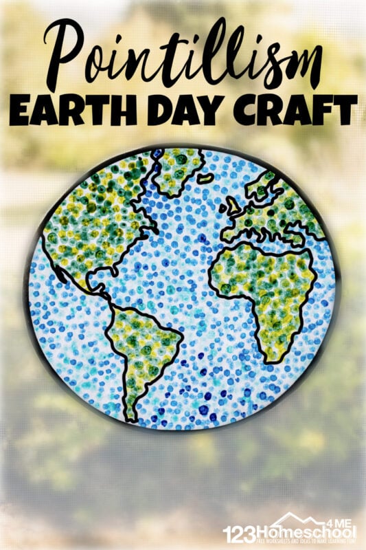 Whether you are learning about famous artists like Seurat or just looking for a unique earth day craft for kids - you will love making these beautiful Earth Day Crafts. This  pointillism art project uses a fun painting technique with qtips to make a truly stunning earth day crafts for preschoolers, toddlers, kindegartners, grade 1, grade 2, and grade 3 students. So celebrate Earth Day for Kids on April 22nd by grabbing our pdf file with the template and get crafting!