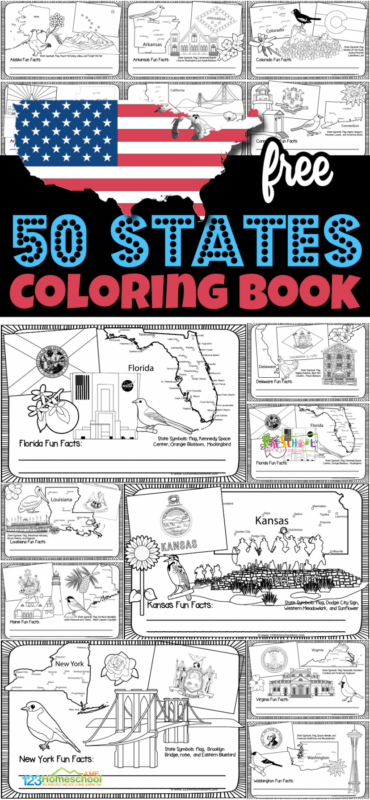 Kids will have fun learning about each unique state in the USA for kids with this free printable united states coloring book. In the 50 states coloring book there is a page for each US states for kids with a state map, state flag, state flower, state bird, state landmarks, and more. Use this USA coloring book with children of all ages from preschool, pre-k, kindergarten, first grade, 2nd grade, 3rd grade, 4th grade, 5th grade, and 6th grade students. SImply print pdf file with states coloring book and you are ready to color and learn about the united states for kids!
