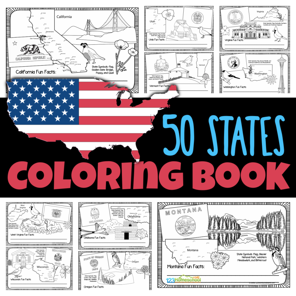 Discover the fun of learning about each unique state in the USA with our free printable coloring book, featuring a page for every state complete with maps, flags, flowers, birds, and landmarks—perfect for kids from preschool to 6th grade!