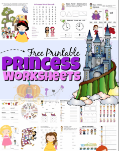 Help kids get excited to practice a variety of math and litearcy skills with these Princess Worksheets! These (inspired by) disney princess worksheets are perfect for toddler, preschool, pre-k, kindergarten, first grade and 2nd graders too.  Simply download pdf file with free printable princess worksheets and you are ready to make learning FUN with princess printables.