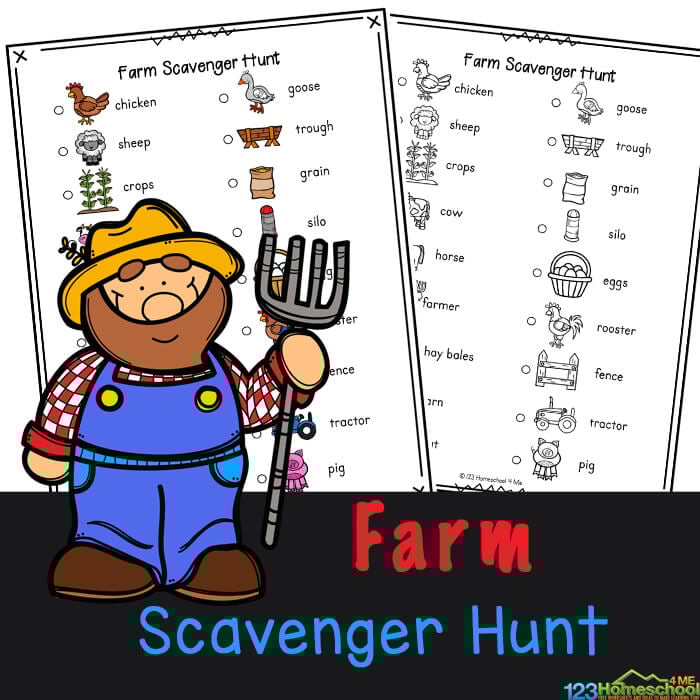 Explore the farm with a printable Farm Scavenger Hunt for kids. Children will look for animals, tarctors, & more with this fun farm activity.