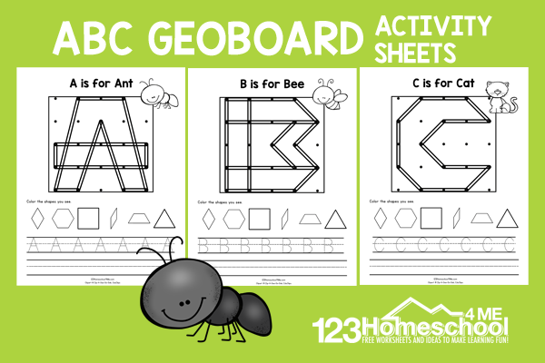 Help kids work on spacial awareness, shapes, and alphabet letters while having fun with a hands-on geoboard activity. These geoboard worksheets are perfect for preschool, pre-k, kindergarten, and first graders. Use these geoboard printables as extra practice, supplement, or math learning center geoboard.  Simply print geoboard cards printable free and you are ready to play and learn!