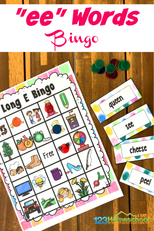 Make learning to read long ee words FUN with this super cute, free printable Long e Sound BINGO! In this phonics game, first graders will work with long ee sound in an engaging vowel team game. Simply print pdf file with long vowel ee words activity with ee phonics sound.