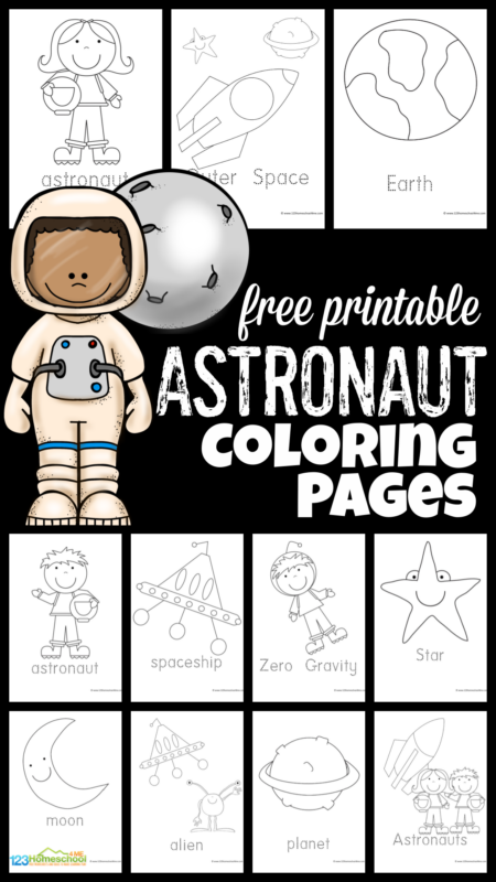 Is your child fascinated by outer space? These simple astronaut coloring pages are free printable coloring pages for kids! There are 10 different choices of astronaut coloring page for toddler, preschool, pre-k, kindergarten, and first graders. Each of the free astronaut coloring pages include an image such as a persona in a space helmet and space suit, rocket, stars, planets, aliens, etc. Simply print the astronaut coloring sheets and you are ready to play and learn with your space theme.
