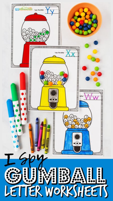 These alphabet worksheets are a great way to work on learning your upperacase and lowercase letters. Each of the I spy alphabet worksheets features a different letter from A to Z. As children complete these letter recognition worksheets they can use bingo markers or color the appropriate capital and small lettesr, trace the letters, and even use the cut and paste printable to add even more gumballs to their machine. Use this I spy letters printable with preschoolers, kindergartners, and grade 1 students.  Print just the letter find worksheets  for the letter you are working on in your letter of the week curriculum or use it as review. Either wy, parents, teachers, and homeschooler will love these no prep free alphabet worksheets. Kids will be delighted to practice their ABCs with these fun, colorful letter find worksheets.