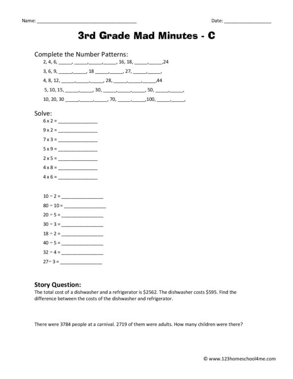free printable 3rd grade math minutes worksheets pdf