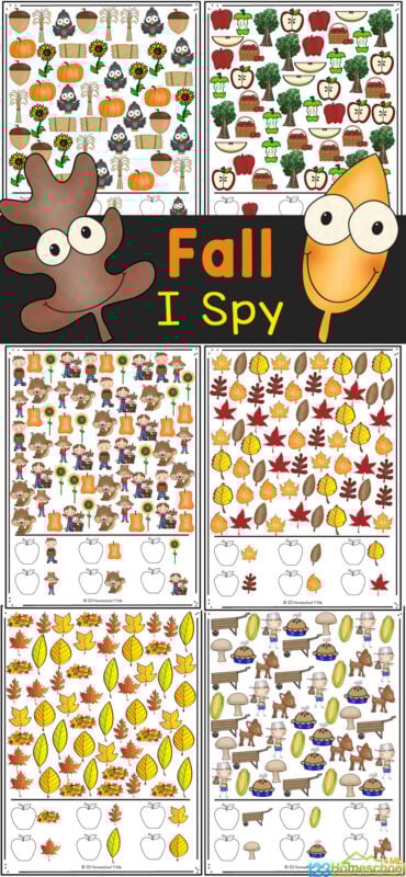 Looking for a fun fall activity that is no-prep because it uses free printable fall worksheets? This super cute Fall I Spy is a great way to have fun, work on visual discrimination, and work on counting too. This I spy fall printable is great for preschool, pre-k, kindergarten and even first grade and 2nd grdaers. Simply print free fall printables and you are ready to play and learn!