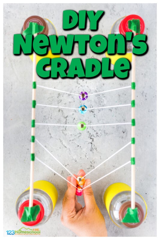 Learn how energy is transfered from one object to another in this newton's cradle activity. For this physics experiments for kids, you will make a newton's pendulum to explore how what happens when two objects colide. This newton cradle project is fun for all ages from preschool, pre-k, kindergarten, first grade, 2nd grade, 3rd grade, and 4th grade students. With a few simple materials I will show you how to make a newton's cradle; this is a SUPER cool and easy science experiment.