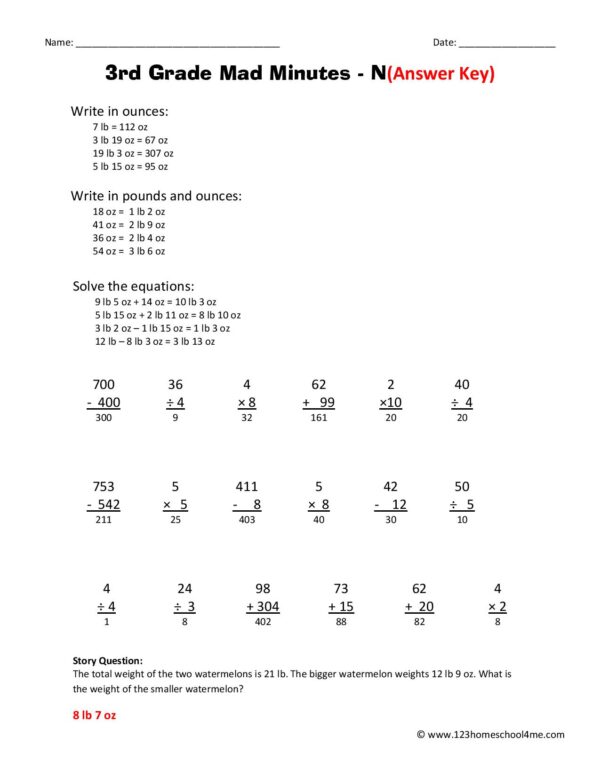 3 Minute Math FREE Printable 3rd Grade Math Minutes Worksheets pdf