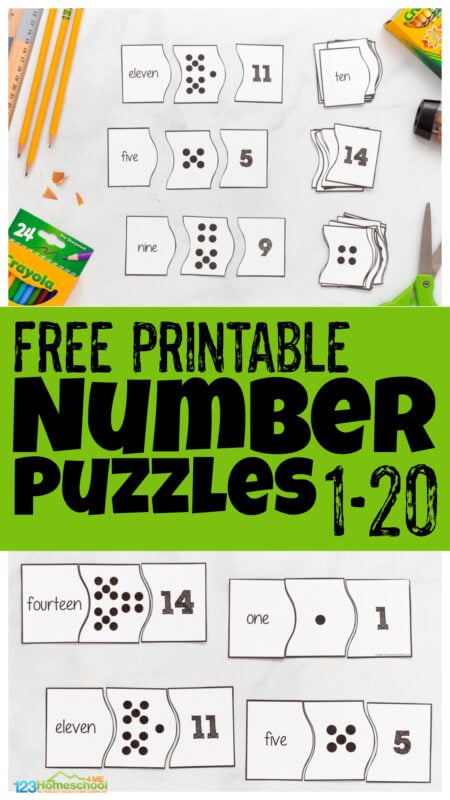 Kids will have fun practicing counting, number sense, and number words one to twenty with these Free Printable Number Puzzles. This handy printable number puzzles are a free math game that works on numbers 1-20 to develop math fluency. Use this number puzzles with preschool, pre-k, kindergarten, and first graders. Simply print printable number puzzles for kindergarten and you are ready to play and learn!