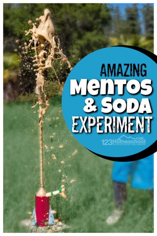 Even your reluctant learner will get excited to try this easy science experiment where you will product a HUGE erruption! In this classic Mentos and Soda Experiment you will mix a couple simple materials to produce a chemical reaction. This mentos in Coke project is a MUST TRY for kids of all ages from preschool, pre-k, kindergarten, first grade, 2nd grade, 3rd grade, and 4th graders too. Even adults love trying the coke and mentos experiment. Don't worry, we'll give you the diet coke and mentos experiment results explained so you get all the learning out of this fun summer activity for kids!