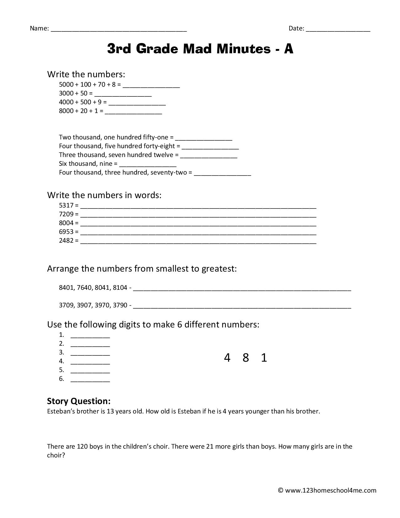 FREE Printable 3rd Grade Math Minutes Worksheets Pdf
