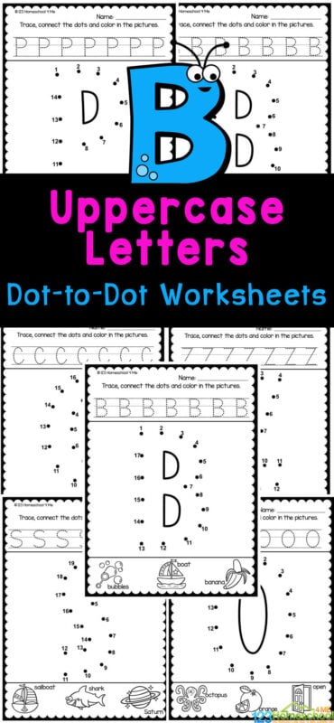 Most young children love doing dot to dot worksheets. It is so much fun to complete the dot to dot printables and watch a picture take shape. These Alphabet Dot to Dot A to Z pdf combine practicing letter recognition, tracing letters, and counting for an outrageously FUN and NO-PREP alphabet activity. Use these alphabet worksheets with preschool, pre-k, kindergarten and even first graders too. Plus these dot to dot free printables work on fine motor skills while working on their counting skills too. Simply print dot to dot alphabet tracing and you are ready to play and learn!