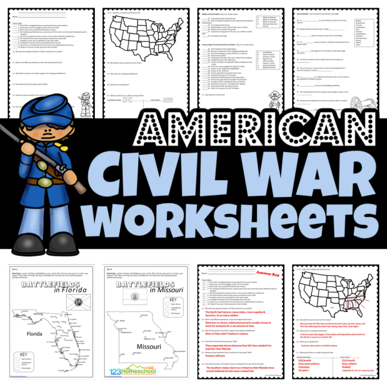 Engage your students in American history with our free printable Civil War worksheets, designed to learn about the 1861-1865 period; answer key included!