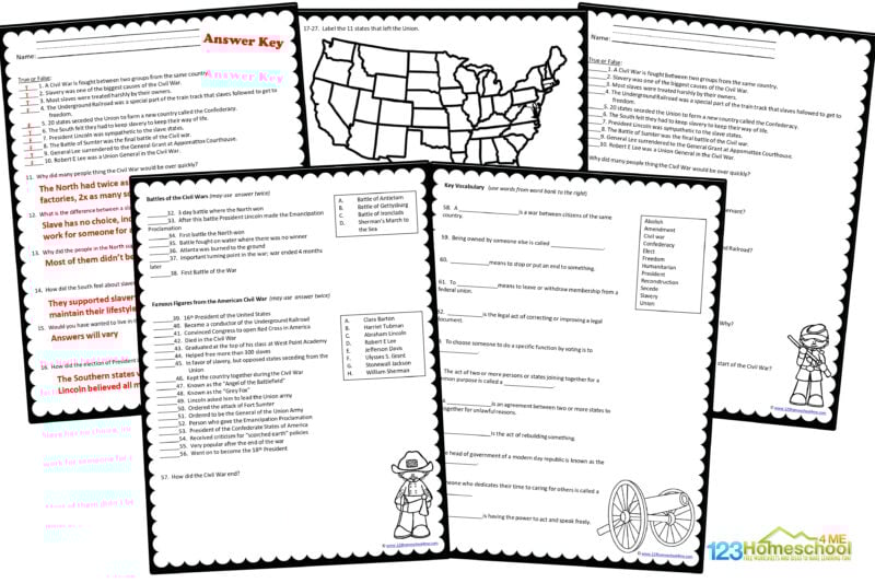 Civil war worksheets pdf There are 4 pages of black and white free civil war worksheets to help your students review what they've learned including:
True & False
Short Answers
11 States that Seceded on a Map
Compare/Contrast being a Union/Confederate Soldier
Battles of the Civil War
People of the Civil War
Key Vocabulary of the Civil War
Don't worry, we've also included the answer key to make correcting these free history worksheets a snap!