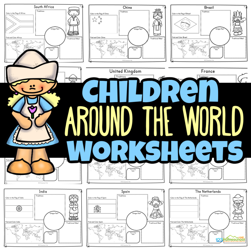 Kids will enjoy exploring cultures and countries around the world with our fun, printable worksheet pack designed for grades preschool through 6, featuring adorable clipart, flags, maps, and writing prompts for 16 countries.