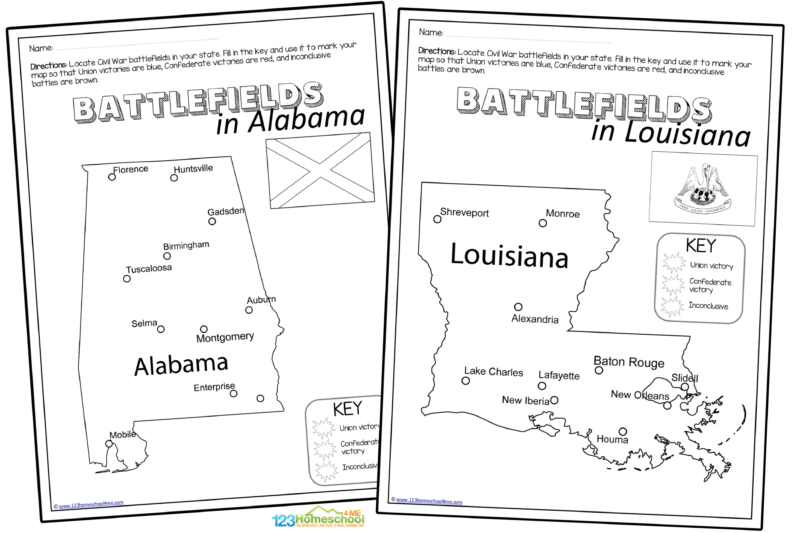 Kids will also have fun finding Civil War battlefields in their own state here:Â Civil war Battlefields and then fill in the information on the page included.
