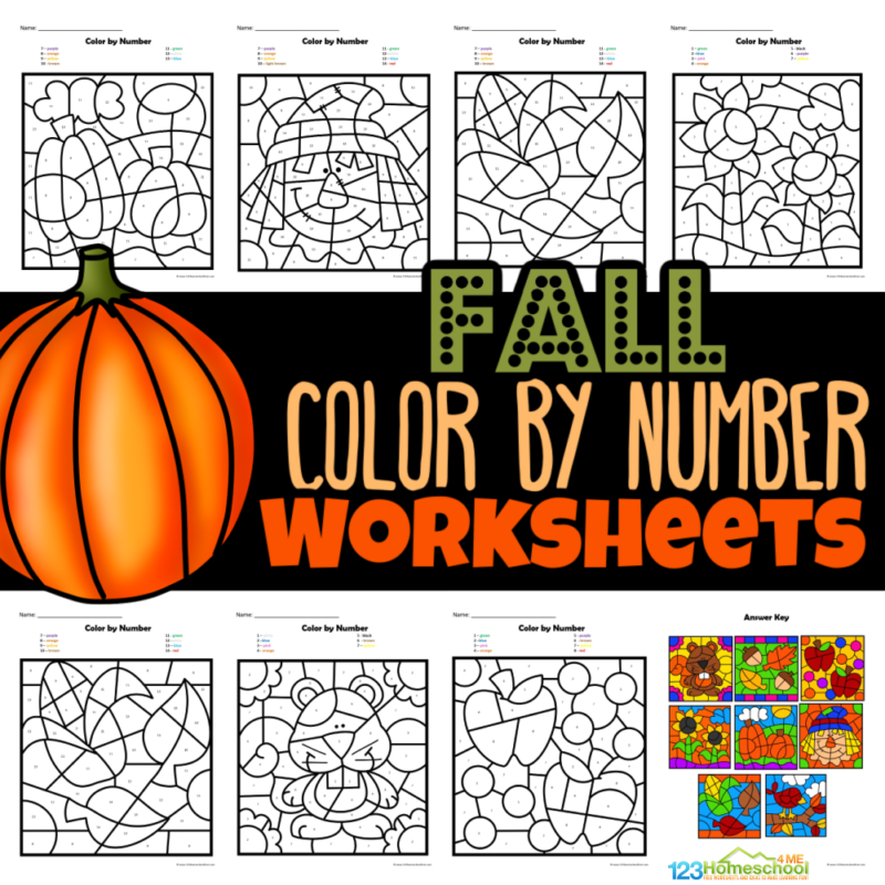 Kids can enjoy learning to identify numbers 1-20 with these adorable, free printable fall color by number pages featuring fun autumn scenes like apples and pumpkins, perfect for pre-k through first graders.