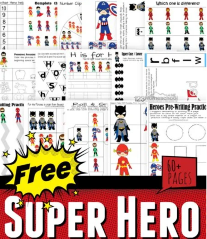 FREE Superhero worksheets - these free printable Super Hero printables are super cute to help toddler, preschool, prek, kindergarten, first grade, and second grade kids practice alphabet letters, clocks, counting, addition, word families, and so much more! #worksheetsforkids #preschool #superhero