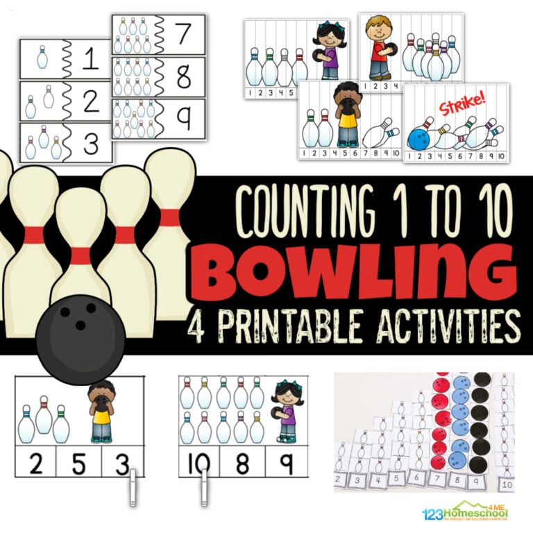 Download this pack of 4 free printable bowling-themed counting activities for preschoolers to make learning numbers 1 to 10 fun and engaging!