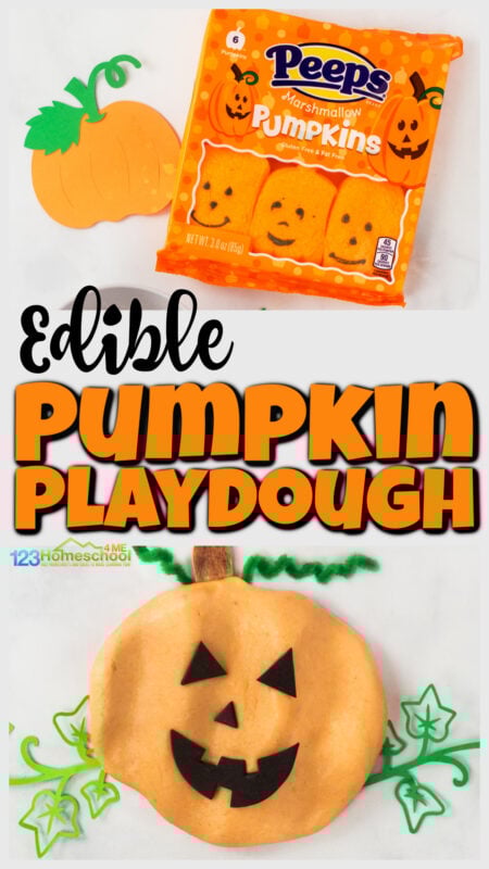 If you are looking for a quick and easy pumpkin playdough recipe, you will love this edible pumpkin play dough! This playdoh uses marshmallow pumpkin peeps and is ready in under 5 minutes. Once you've made your play doh you are ready for lots of fun pumpkin activities creating fall themed items, strenthening hand mucles, and snacking a little bit on the way too. Try this pumpkin activity for preschool, pre-k, toddler, kindergarten, and first graders in October.