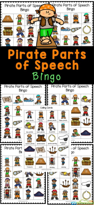 If you are looking for a fun, engaging  parts of speech practice, you will love this parts of speech bingo! This parts of speech game is a hands-on language arts activity for kids to do at home, for busy bags, or in the car during a family road trip. This free prirate printables is perfect for first grade, 2nd grade, 3rd grade, 4th grade, 5th grade, and 6th graders too. Simply print parts of speech printables and you are ready to play and learn with a fun pirate game.