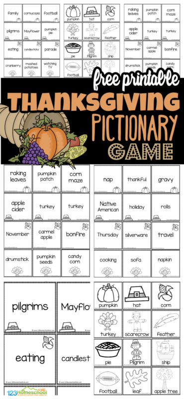 Families will have fun together with this thanksgiving Pictionary game perfect for all ages. This thanksgiving pictionary free printable includes both words and simple picture clue cards for non-readers! Simply download and print free thanksgiving pictionary to play on turkey day!