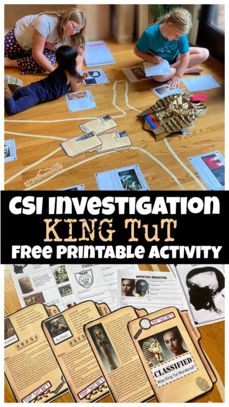 If you are looking for a fun way to explore history with kids, specifically Ancient Egypt for kids, you are going to love this fun, CSI style investigation into King Tut's early demise. This fun king tut for kids activity includes lots of egyptian printables to learn about the mystery of the 18-year-old pharoah's death. SImply print the king tut printables and you are ready to play and learn with first grade, 2nd grade, 3rd grade, 4th grade, 5th grade, 6th grade, 7th grade, 8th grad,e 9th grade, 10th grade, 11th grade, and 12 graders too!