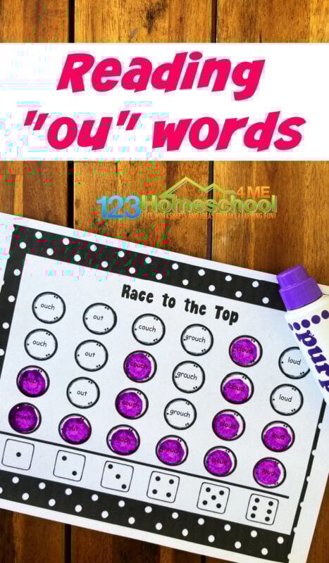Practice reading "ou" words with this fun Race to the Top game. This fun phonics game for first graders is a great way to practice the ou phonic sound with an engaging activity that will appeal to grade 1 students. To play this ou words game, simply print the pages, grab a do a dot marker, and you are ready to play and learn!