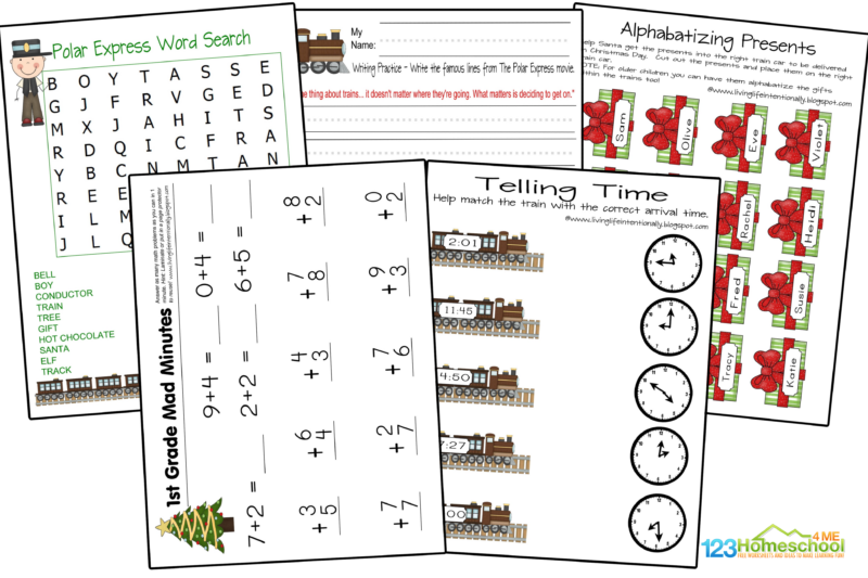 Kindergarten Polar Express Printables help students work on counting, simple subtraction, color by number, follow directions cut and paste, letter Bb, which one is different, Graphing, shadow matching, telling time - clock practice, copy work, alphabetizing, sequencing the story, build a sentence, building words, vocabulary, and a fun word search [more kindergarten worksheets]