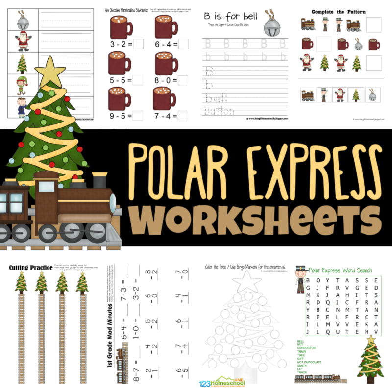 Make learning math and literacy skills FUN in December with these super cute  Polar Express Worksheets. Print the polar express activity sheets pdf file with  the no prep, free printable Christmas worksheets to make learning fun with a favorite Christmas picture book. The free polar express printables include images of the train, conductor, Santa, elves, bell, hot chocolate, Chris, and more for preschool, pre-k, kindergarten, first grade, and 2nd grade students.