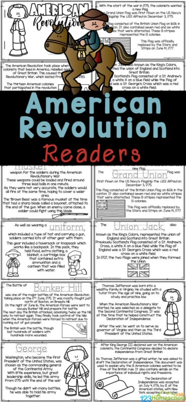 This American Revolution for kids reader is a great way to work on reading skills while learning about the revolutionary war for kids that took place when the British Colonies rebelled against the rule of Great Britain. Use this free Americna history printable as part of a history lesson or study for pre-k, kindergarten, first grade, 2nd grade, 3rd grade, 4th grade, and 5th grade students. Simply print and use as an american revolution activities.