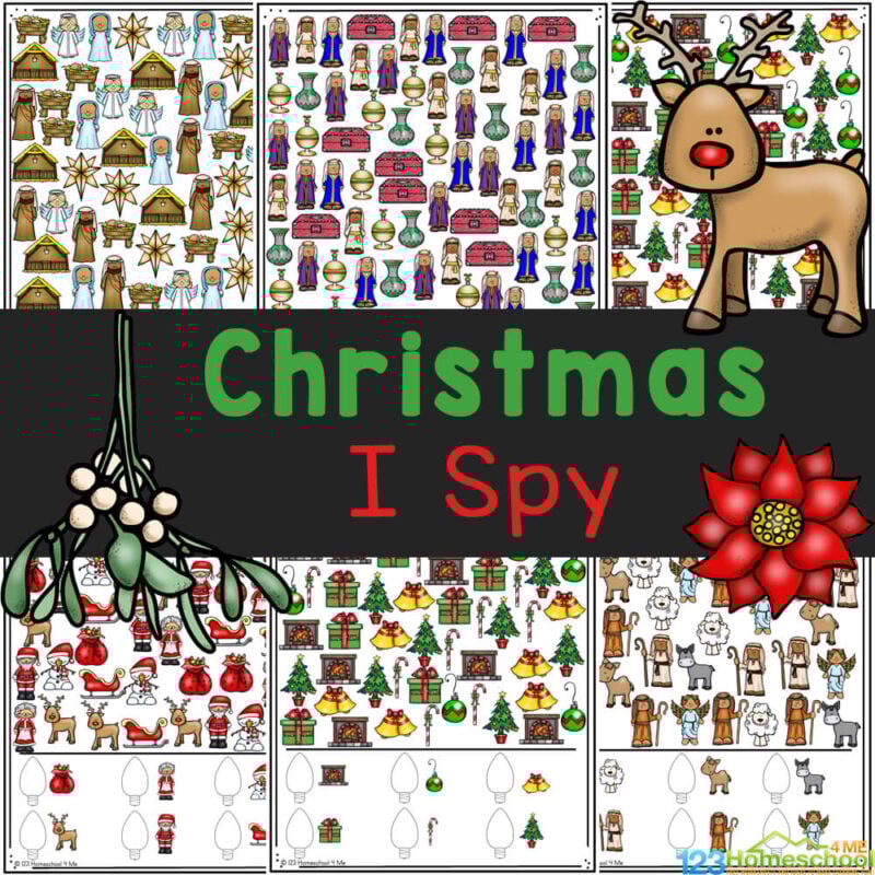 Fun, no prep, christmas activity for kids! Grab these FREE Christmas I Spy printable worksheets to practice counting with holiday game! 