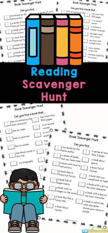 Kids will enjoy searching for different books and information in books with this fun and free Reading Scavenger Hunt. This free printable scavenger hunt is fun for kindergarten, first grade, 2nd grade, 3rd grade, 4th grade, and 5th grade students. Using thie literacy scavenger hunt is a great way for kids to become familiar with the library and how to find different resources. Simply print library printable pdf file with the scavenger hunt pdf in color or black and white and you are ready for these library activities!