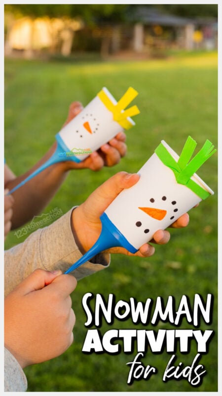 This outrageously FUN snowman activity is a combination craft, activity, and winter stem activities too! This snowman launcher is simple to make and loads of fun as a snowman activity for toddler, preschool, pre-k, kindergarten, first grade, 2nd grade and up! Follow our step-by-step how to make a snowball launcher for an adorable snowman craft and winter activities for preschoolers in January!