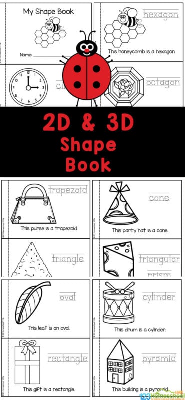 Learn 2D and 3D shapes for kids with this free shapes pritable book to trace, color, and learn. This shapes printable will help children grasp the idea of flat shapes and shapes with dimmension while allowing them to have fun and strengthen their handwriting skills as well! This free printable shape book is perfect for preschool, pre-k, kindergarten, first grade, and second grade students. Simply print the 2d and 3d shapes worksheets pdf and you are ready to learn geometric shapes for kids.