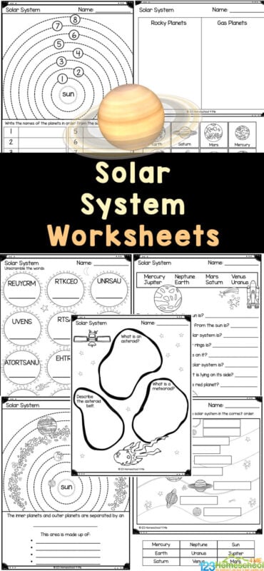 Children love learning about space with these free printable Solar System Worksheets! These planets worksheet help children learn about the solar system, the planets, asteroids and more. These solar system printables are perfect for teaching kindergarten, first grade, 2nd grade, 3rd grade, 4th grade, and 5th graders about space for kids.  SImply print solar system worksheets pdf and you are ready to play and learn about astronomy for kids. 