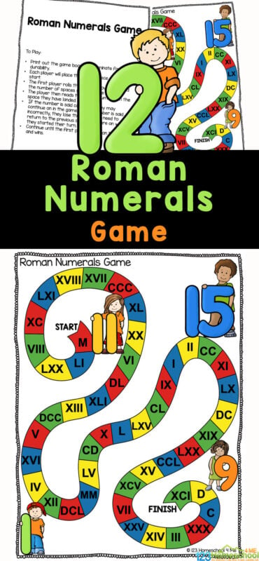 This Roman Numeral Game is a great way to work on learning Roman mumerals for kids while having fun. Simply print the Roman numeral printable and you are ready to teach this math concept to 2nd grade, 3rd grade, 4th grade, and 5th graders with a free printable, hands-on Roman numeral activity. 