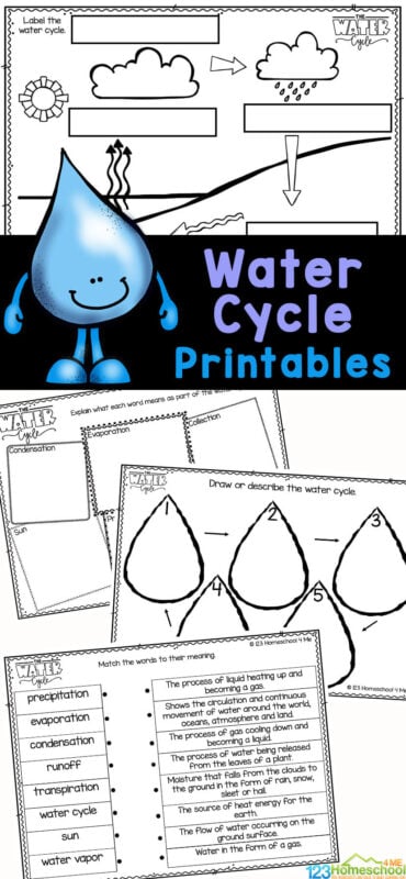 Kids will enjoy learning more about the water cycle with these Water Cycle Worksheets. These water cycle printable pages include a water cycle diagram worksheet, pages to label, coloring pages, and more! Use these free science worksheets with kindergarten, first grade, 2nd grade, 3rd grade, 4th grade, and 5th grade students.  Simply print water cycle worksheet pdf and you are ready to play and learn about the water cycle for kids.